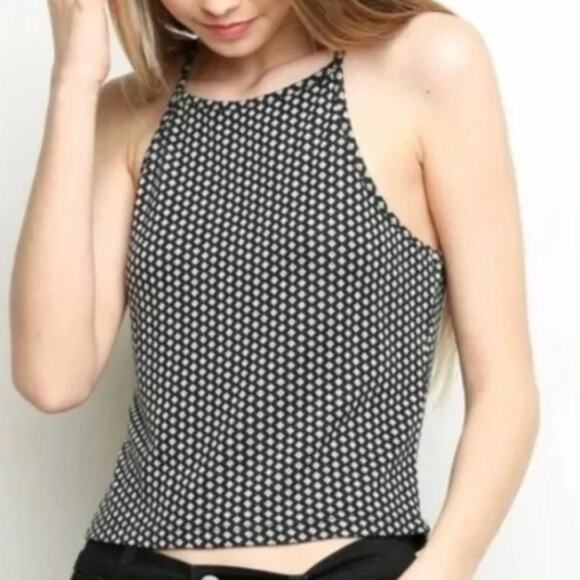 Brandy Melville Halter Crop Top Black White Diamond Print Tie Neckline One Size - Picture 1 of 7